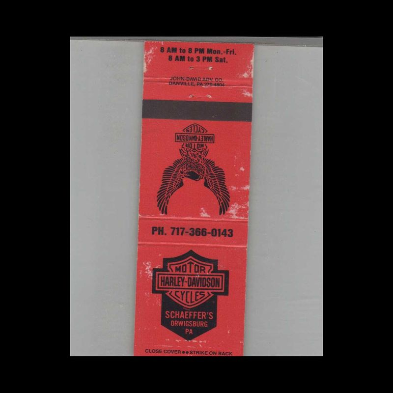 Harley Davidson Motorcycle Dealer Schaeffer&#39;s Orwigsburg, PA Vintage Advertising Matchbook Cover Vintage Advertising Collectible