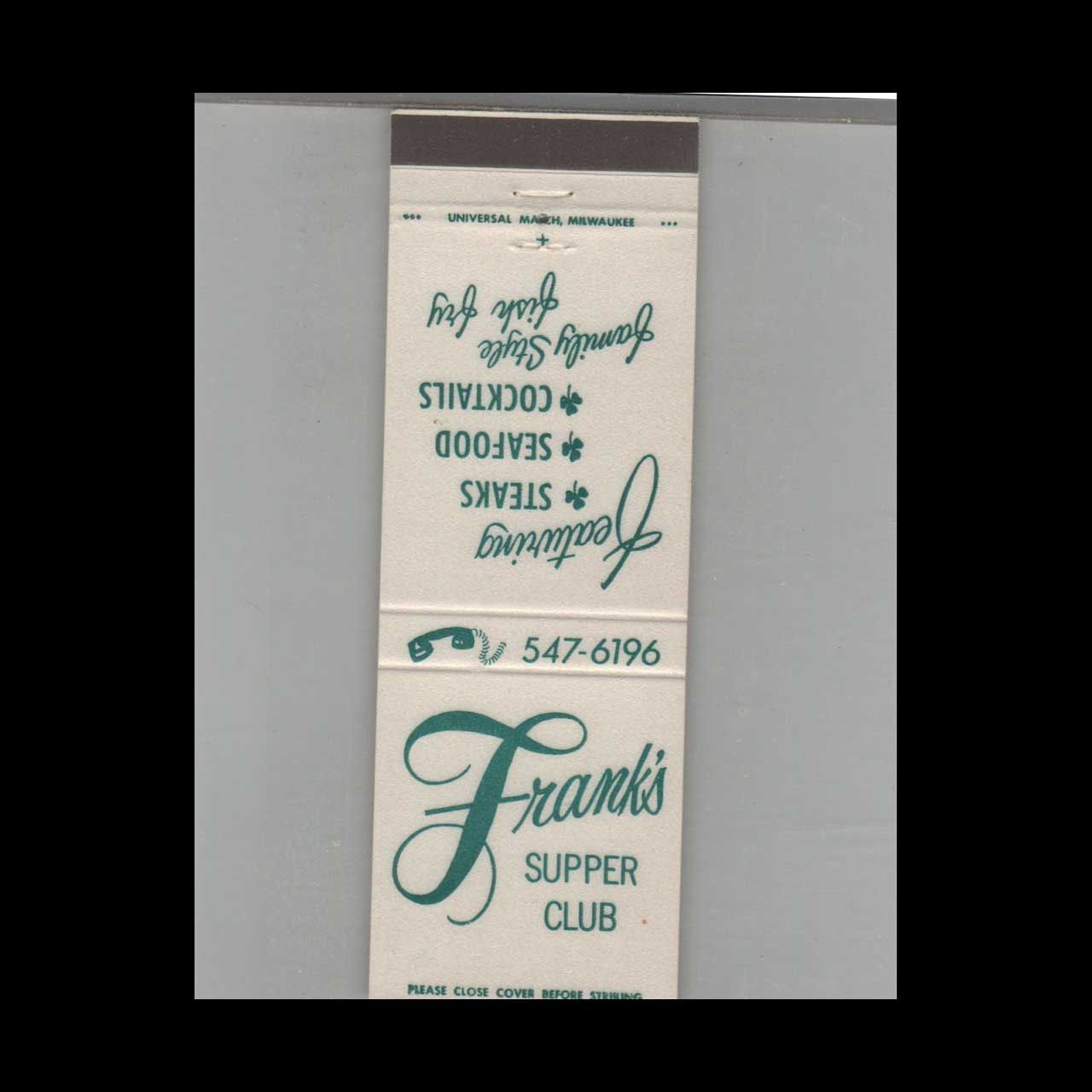 Frank&#39;s Supper Club Wisconsin Vintage Advertising Matchbook Cover Vintage Advertising Collectible