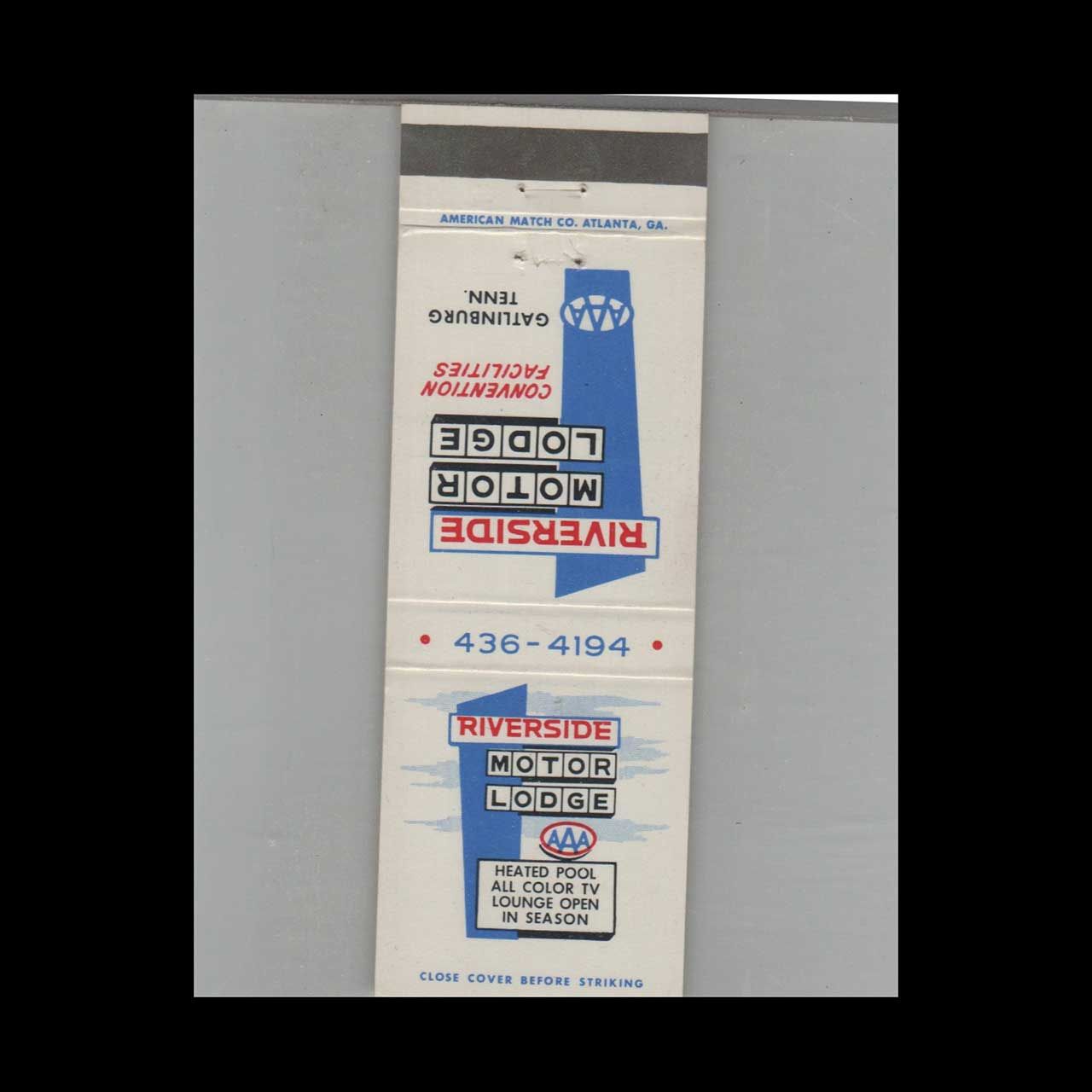 Riverside Motor Lodge Gatlinburg, TN Vintage Advertising Matchbook Cover Vintage Advertising Collectible
