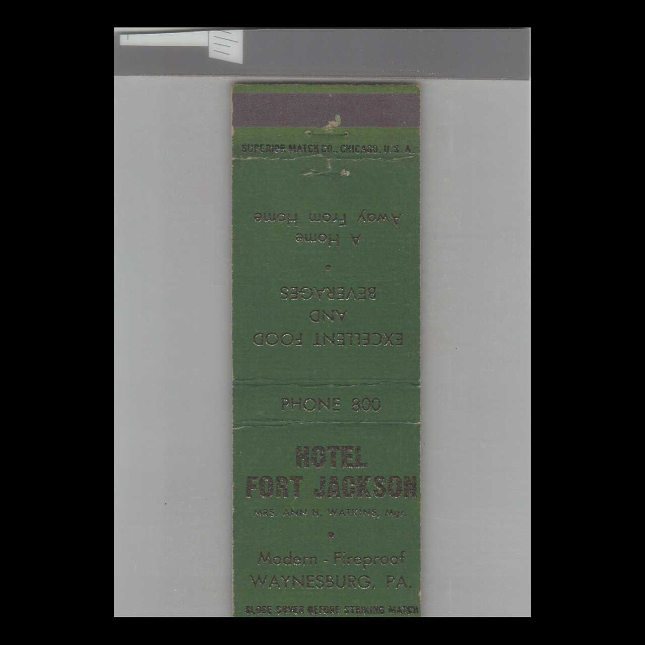 Hotel Fort Jackson Waynesburg, PA Vintage Advertising Matchbook Cover Vintage Advertising Collectible