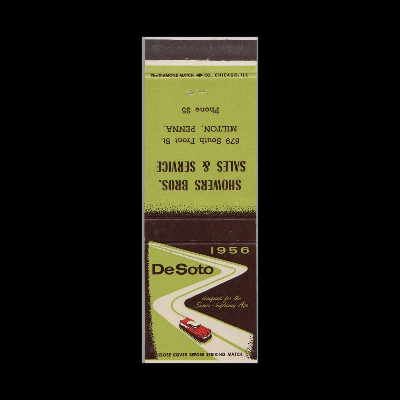 1956 DeSoto Dealer Shower Brothers Sales &amp; Service Milton, PA Vintage Matchbook Advertising Cover