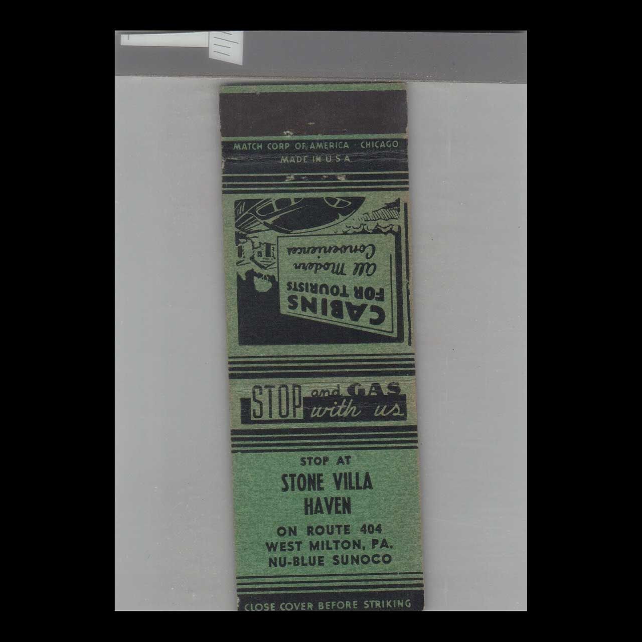 Stone Haven Villa West Milton, PA Vintage Matchbook Advertising Cover