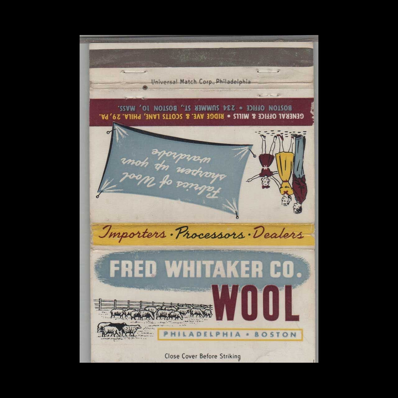 Fred Whitaker Co Wool Philadelphia PA Vintage Matchbook Advertising Cover