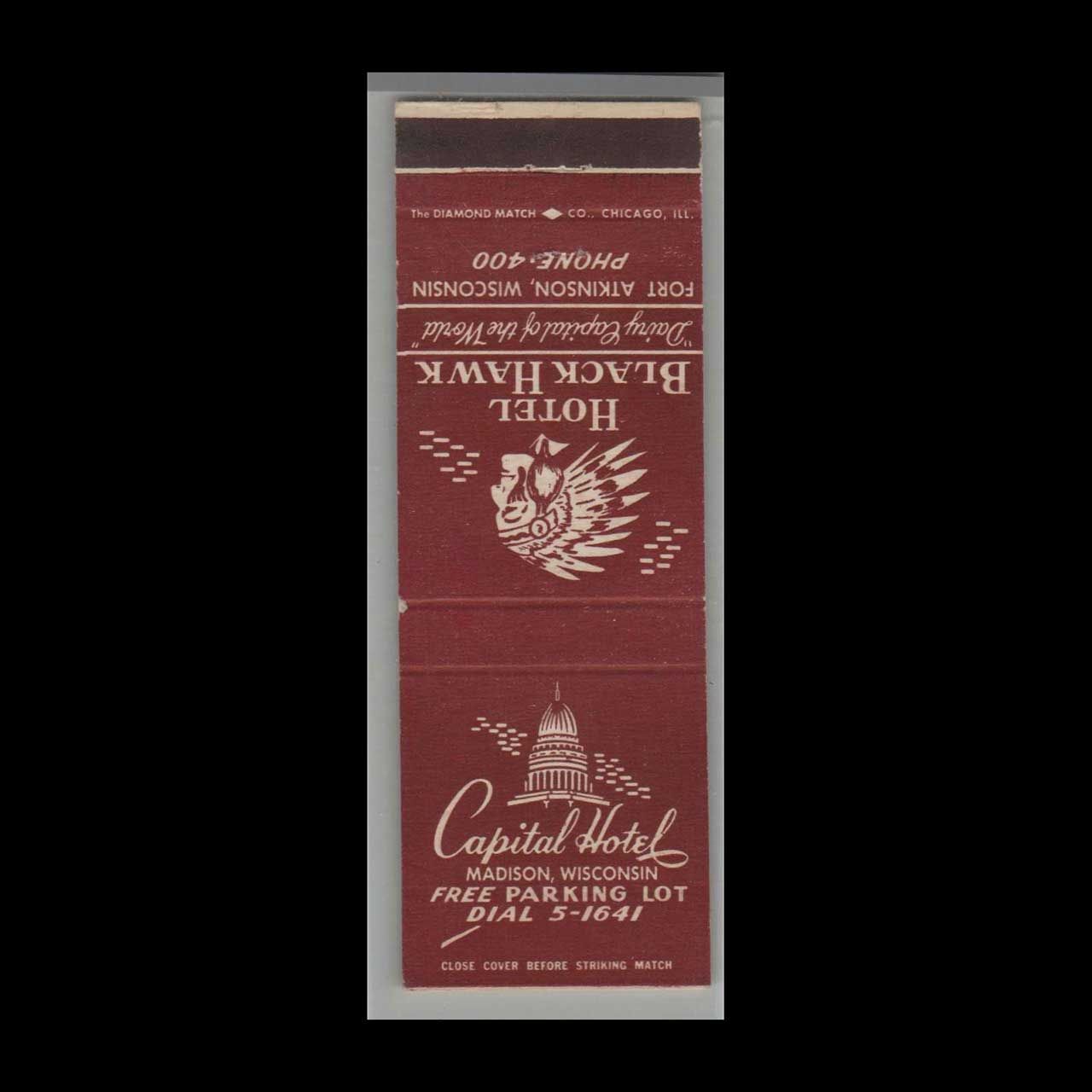 Vintage Hotel Black Hawk Hotel Fort Atkinson, WI Vintage Matchbook Advertising Cover