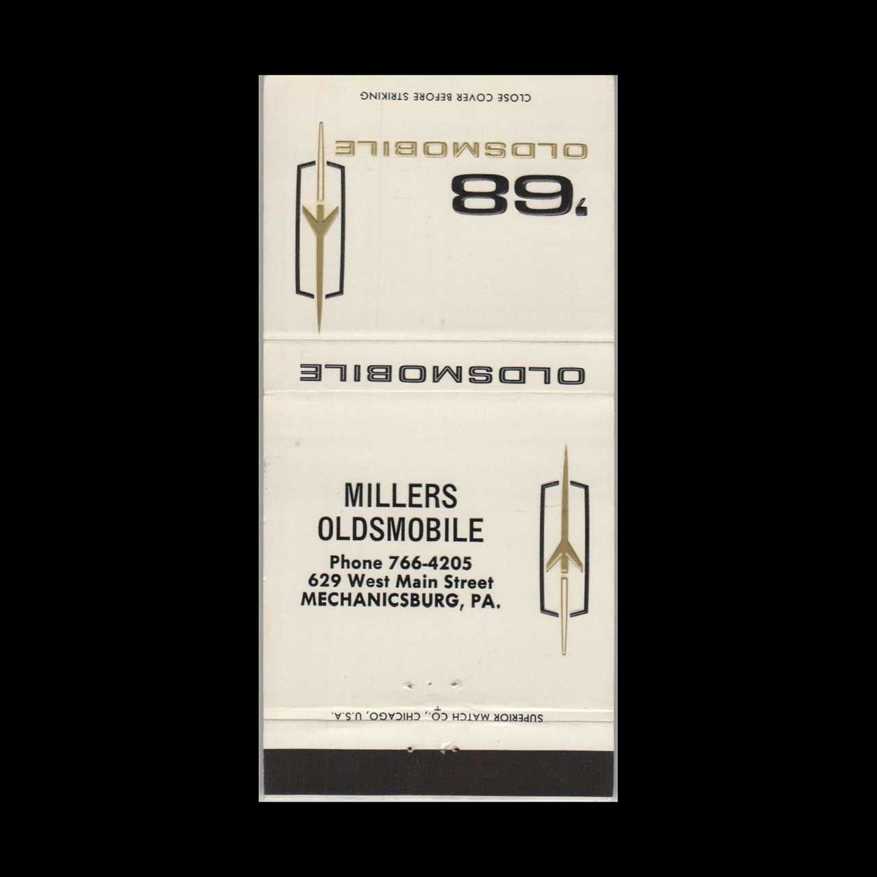 1968 Oldsmobile Dealer Millers Oldsmobile Mechanicsburg, PA Vintage Matchbook Advertising Cover