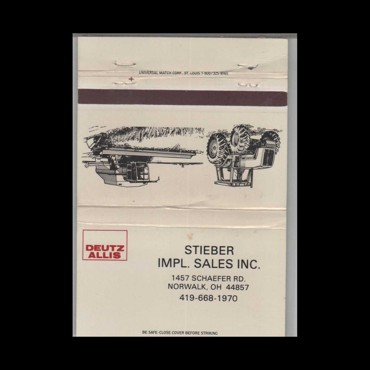 Deutz Allis Stieber Implement Sales Norwalk OH Vintage Matchbook Advertising Cover
