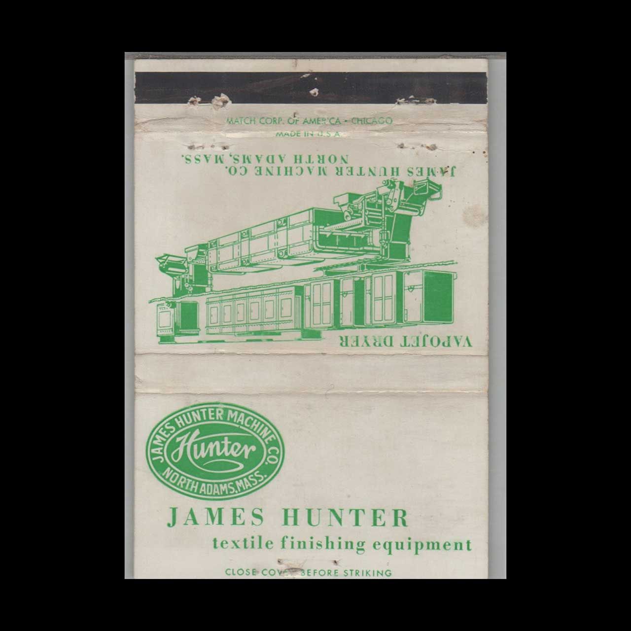 James Hunter Textile Equipment North Adams MA Vintage Matchbook Advertising Cover