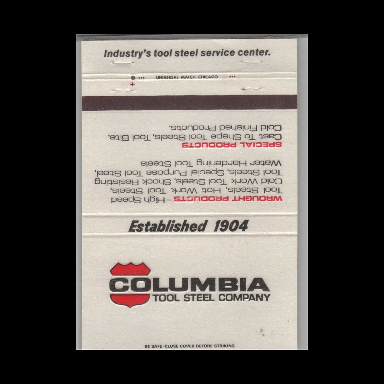 Columbia Tool Steel Company Vintage Matchbook Advertising Cover