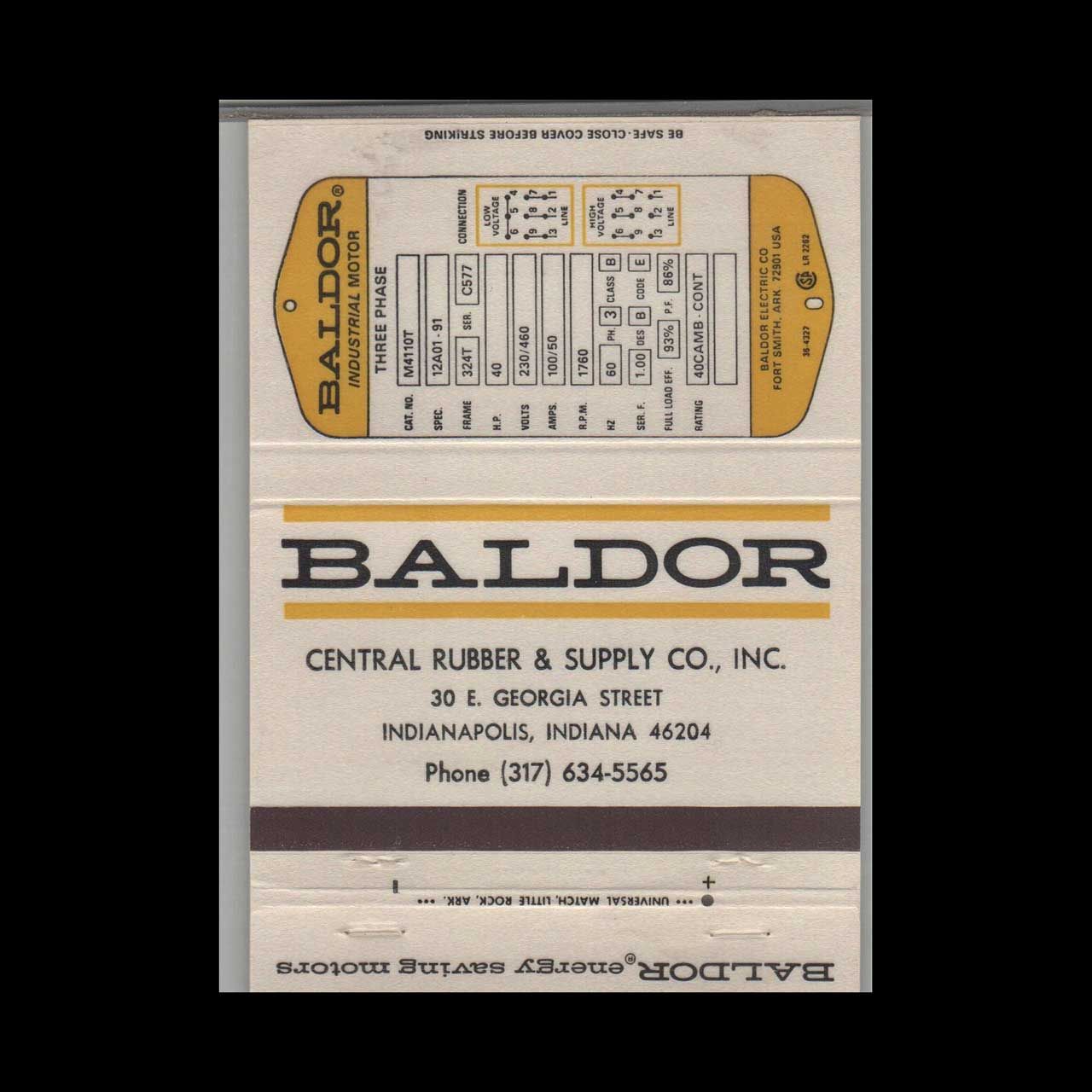 Baldor Central Rubber &amp; Supply Co Indianapolis IN Vintage Matchbook Advertising Cover