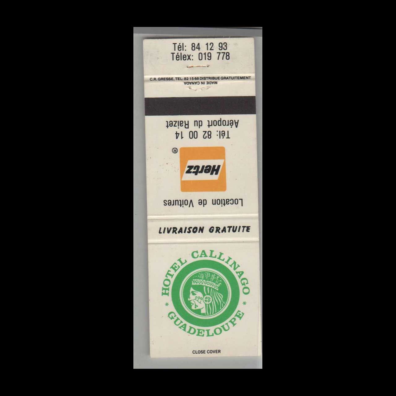 Vintage Hotel Hotel Calinago Guadeloupe, Mexico Vintage Matchbook Advertising Cover