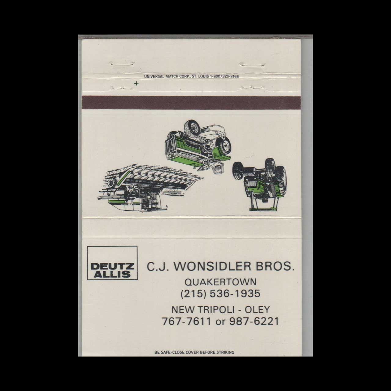 C.J. Wonsidler Bros Deutz Allis Quakertown PA Vintage Matchbook Advertising Cover
