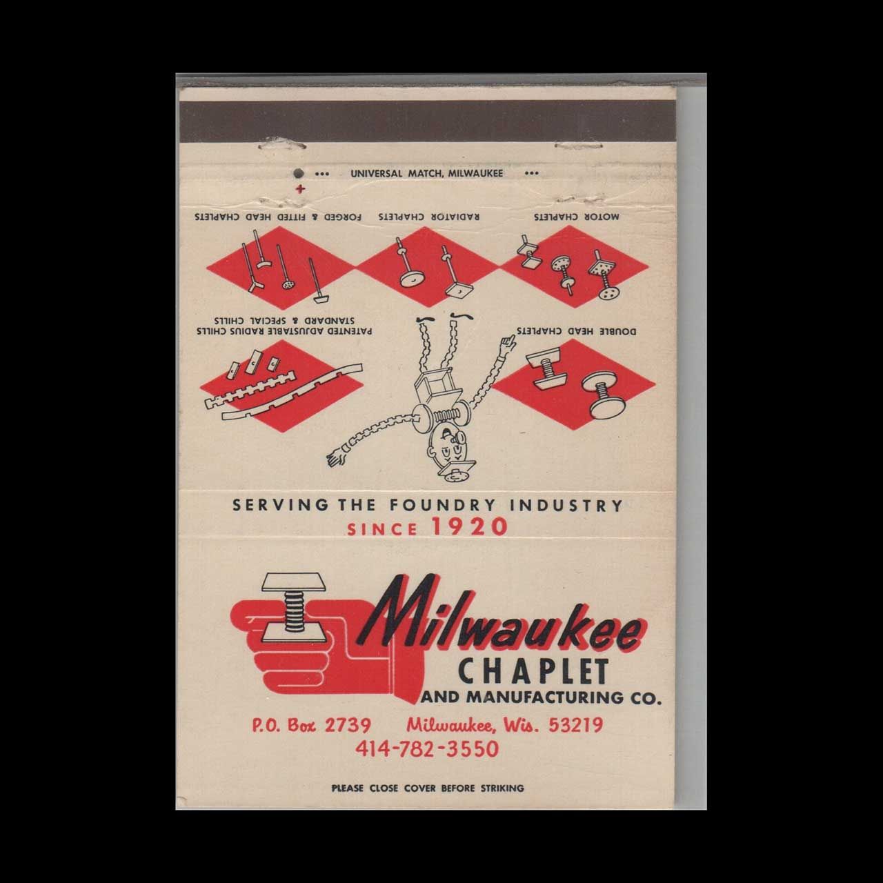 Milwaukee Chaplet Manufacturing Co Milwaukee WI Vintage Matchbook Advertising Cover
