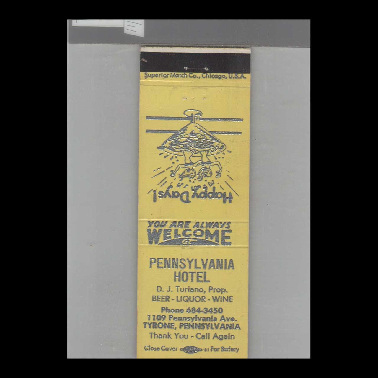 Pennsylvania Hotel Tyrone, PA Vintage Matchbook Advertising Cover