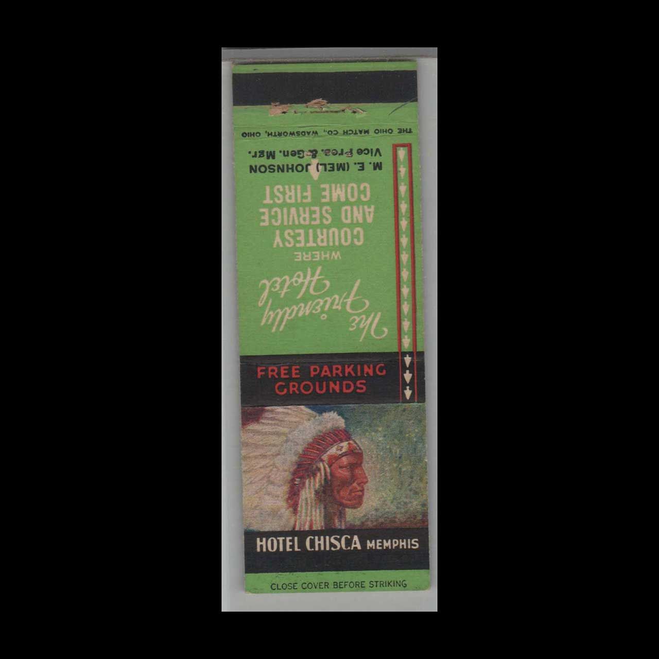 Vintage Hotel Hotel Chisca Memphis, TN Vintage Matchbook Advertising Cover