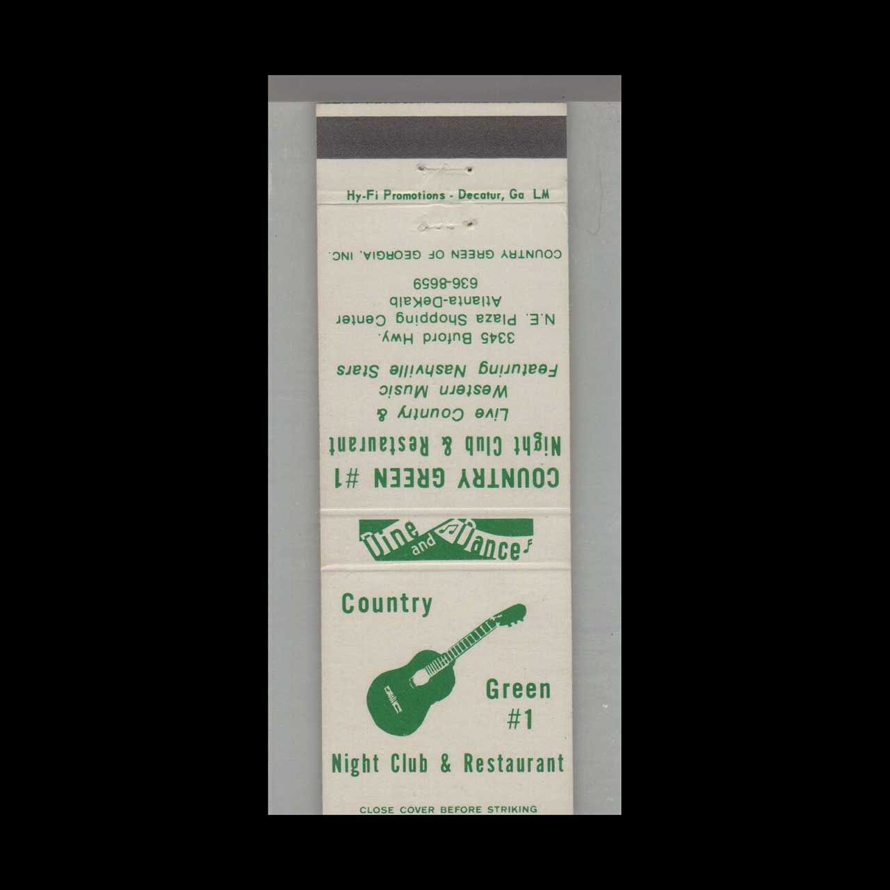 Music Related -  Country Green #1 Night Club &amp; Restaurant Atla Vintage Matchbook Advertising Cover