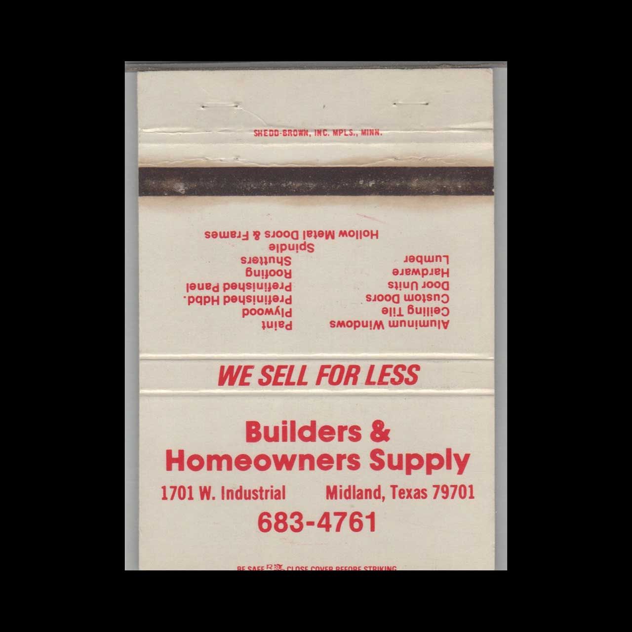 Builders &amp; Homeowners Supply Midland TX Vintage Matchbook Advertising Cover
