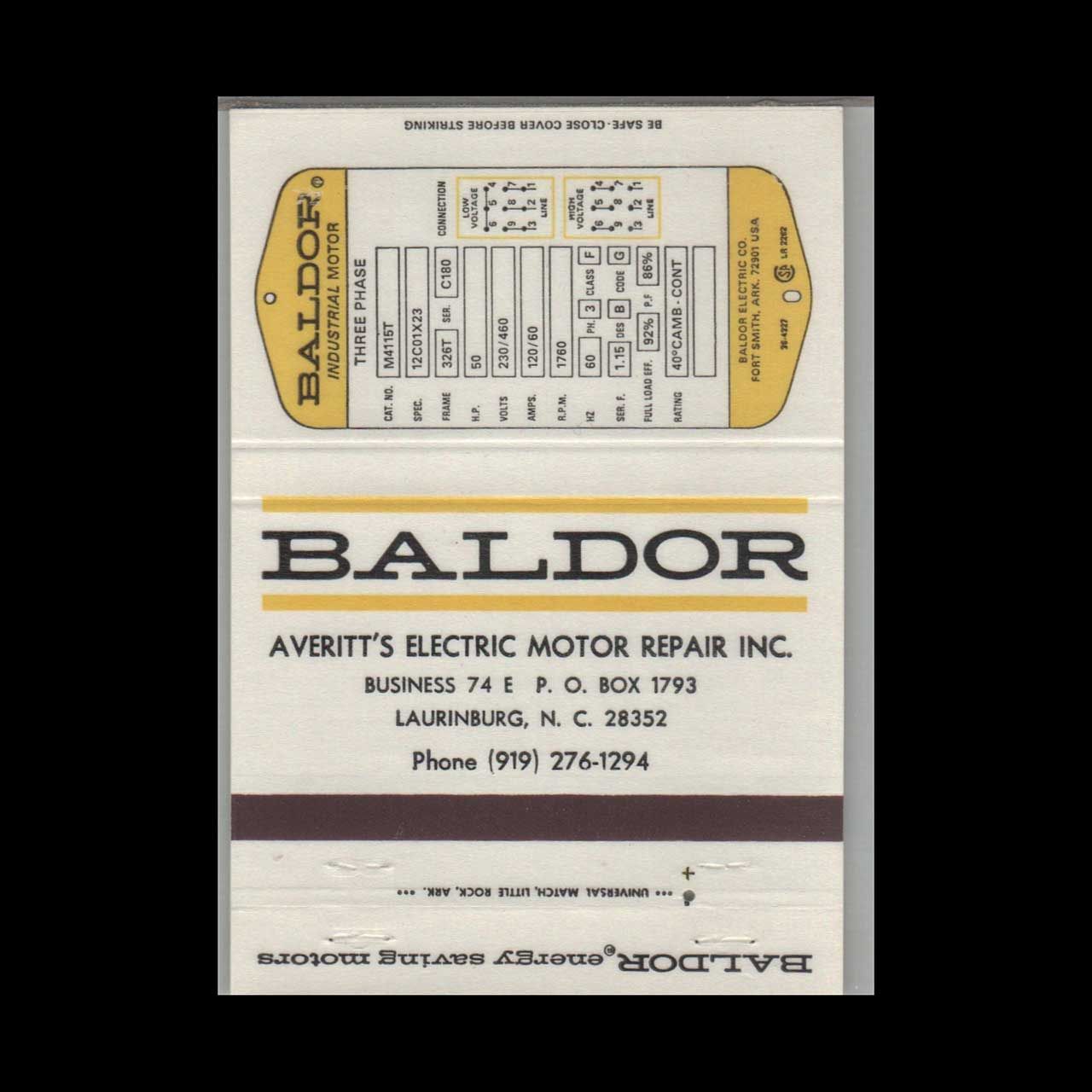 Baldor Averitt&#39;s Electric Motor Repair Laurinburg NC Vintage Matchbook Advertising Cover