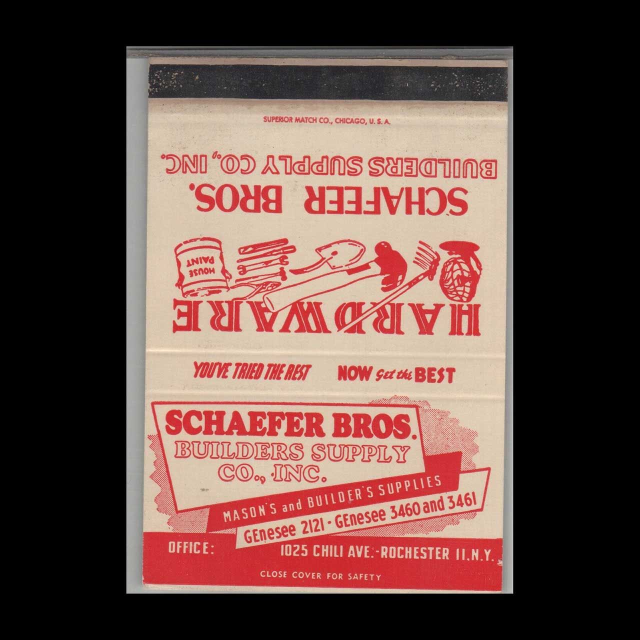 Schaefer Bros Builders Supply Co Inc Rochester NY Vintage Matchbook Advertising Cover