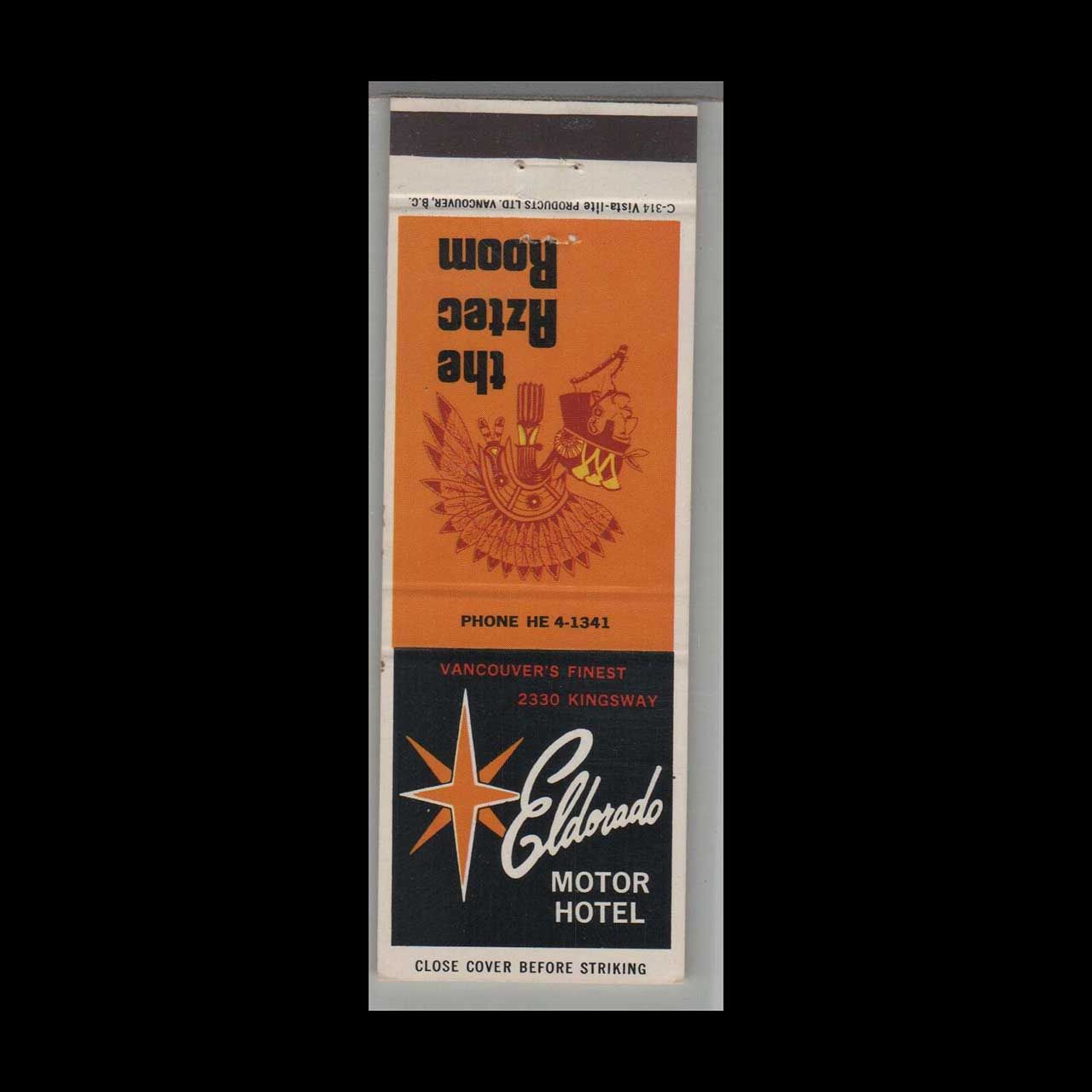 Vintage Hotel Eldorado Motor Hotel Vancouver, British Columbia Vintage Matchbook Advertising Cover