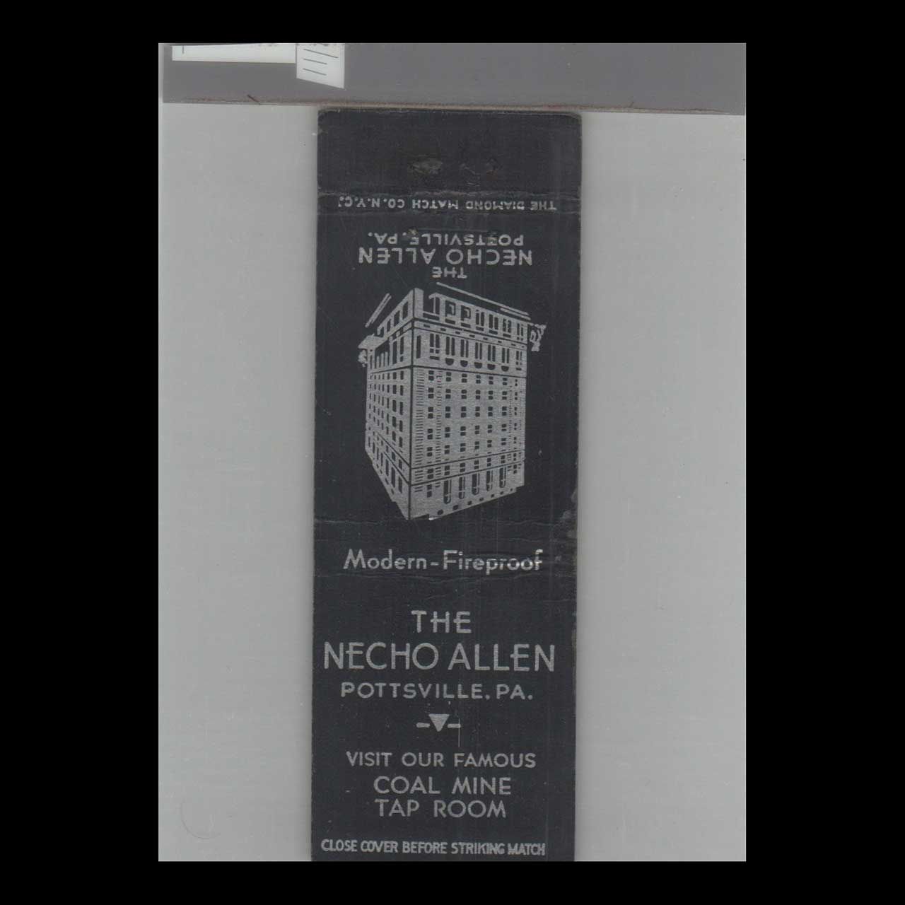 The Necho Allen Hotel Pottsville, PA Vintage Matchbook Advertising Cover