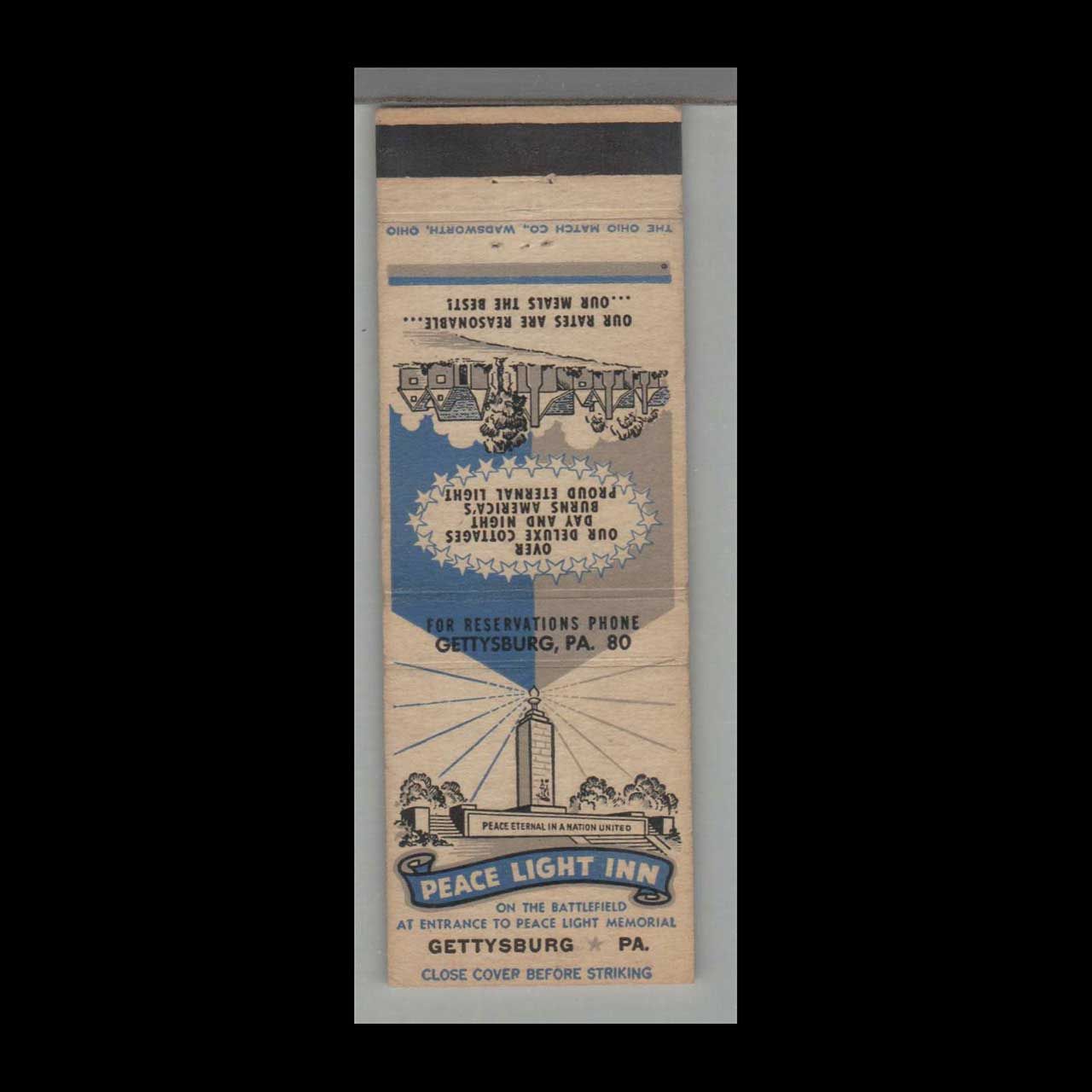 Peace Light Inn Gettysburg, PA Vintage Matchbook Advertising Cover