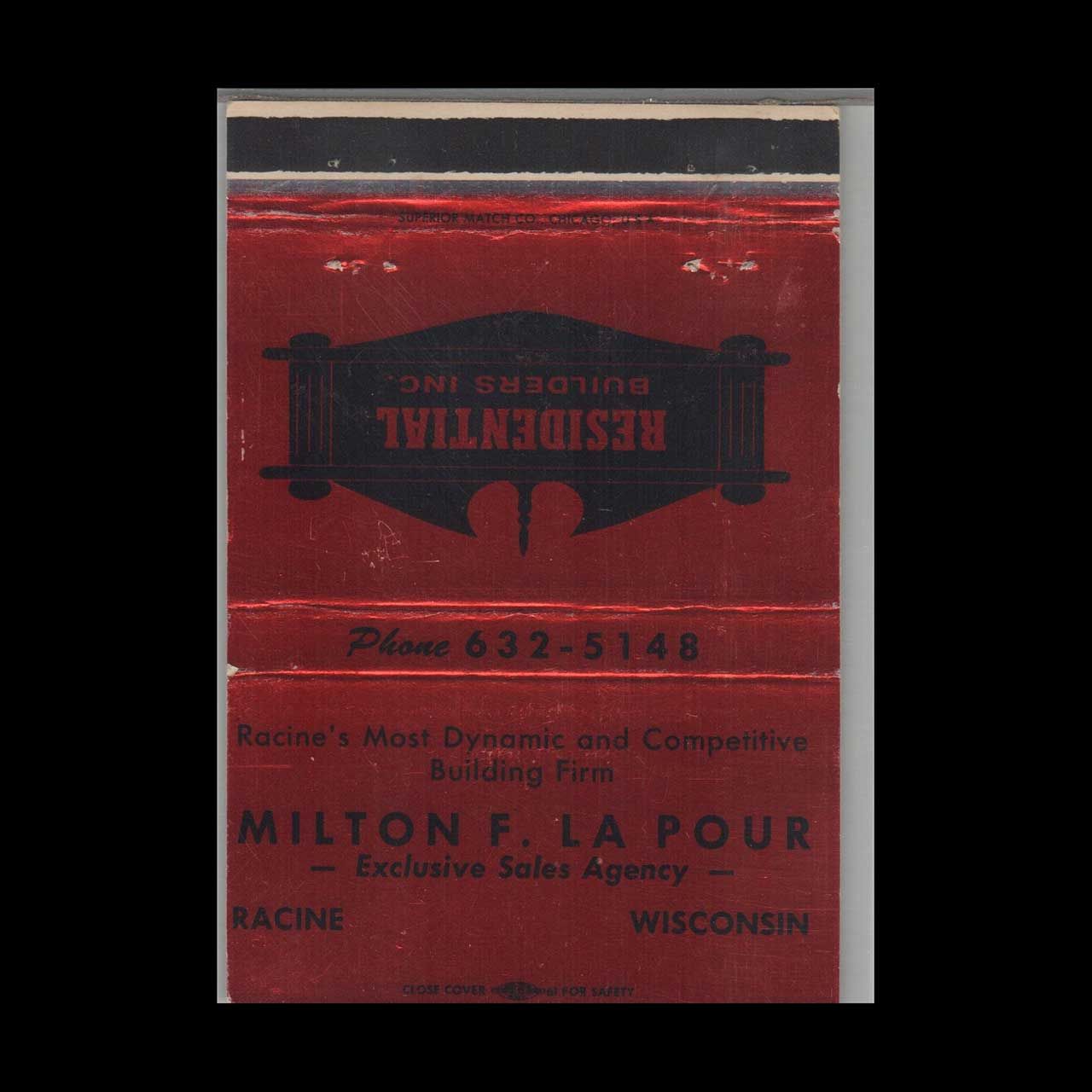Milton F. La Pour Racine WI Vintage Matchbook Advertising Cover
