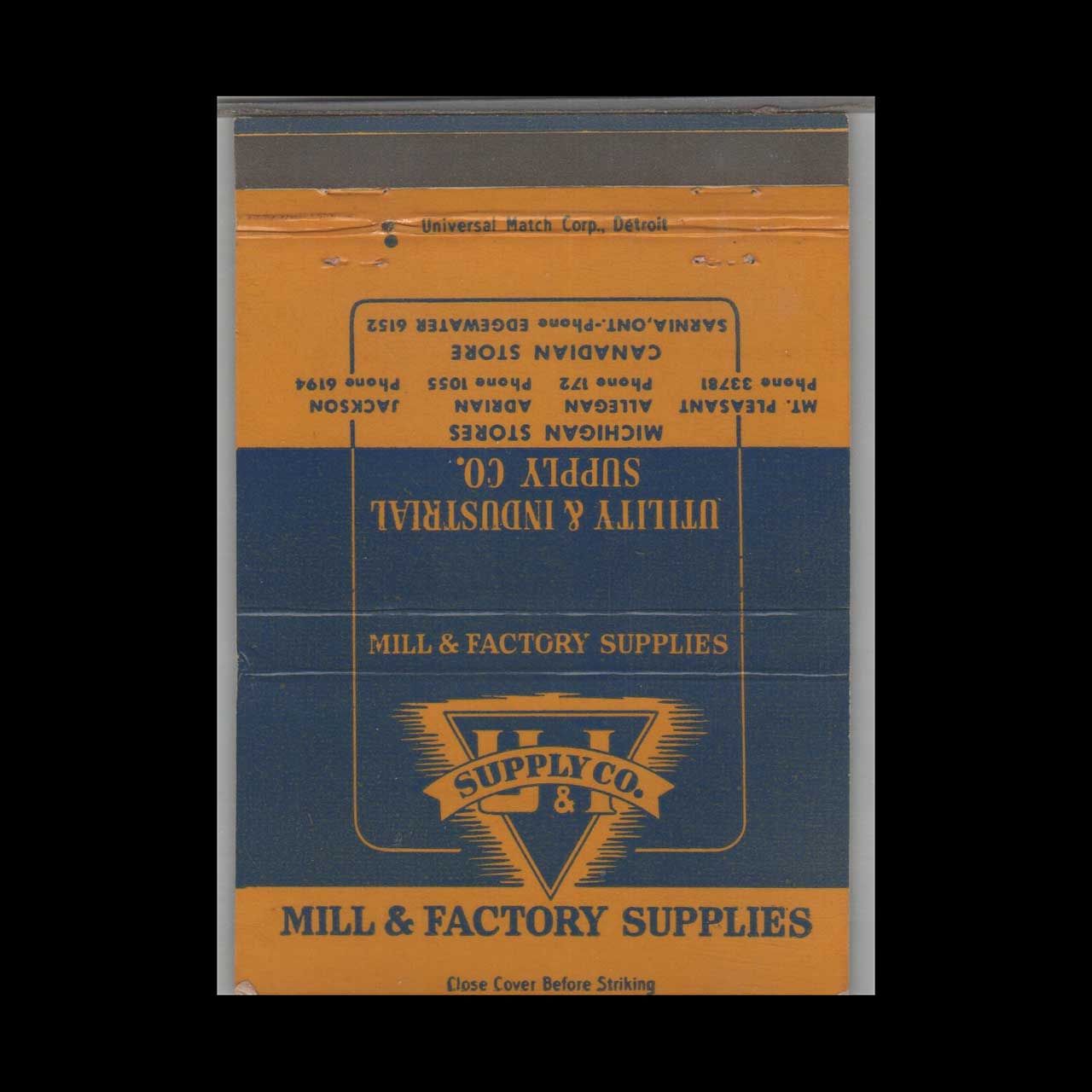 Utility &amp; Industrial Supply Co. Adrian MI Vintage Matchbook Advertising Cover