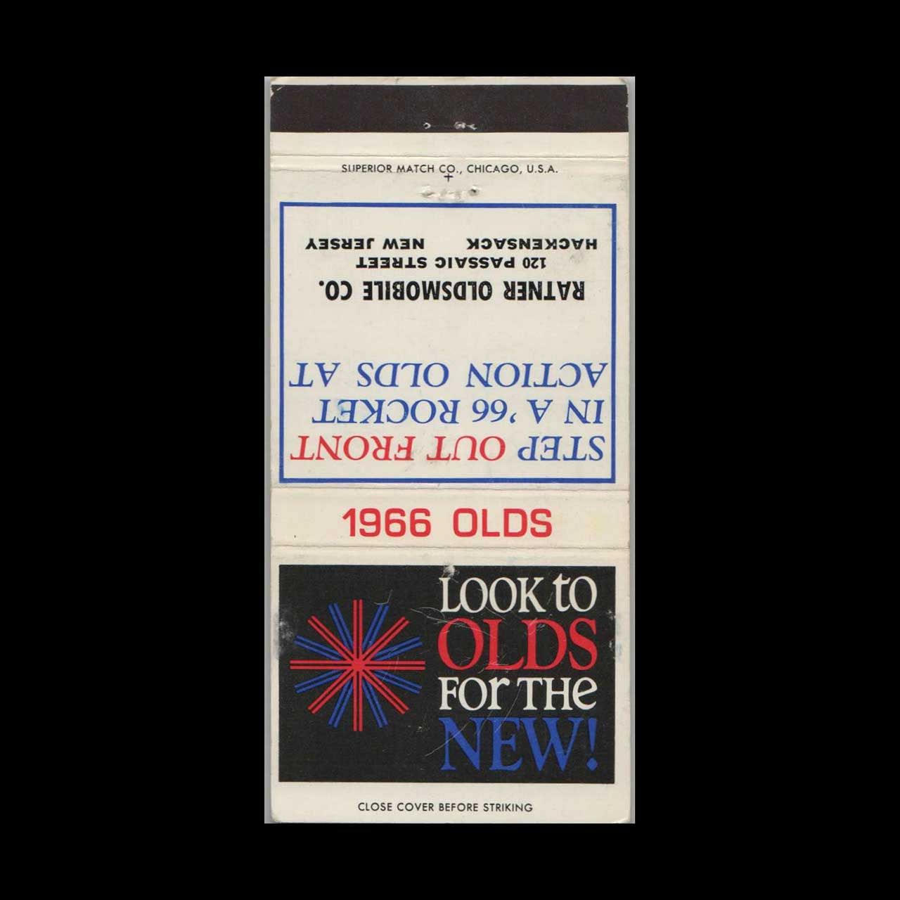 1966 Oldsmobile Dealer Ratner Oldsmobile Hackensack, NJ Vintage Matchbook Advertising Cover