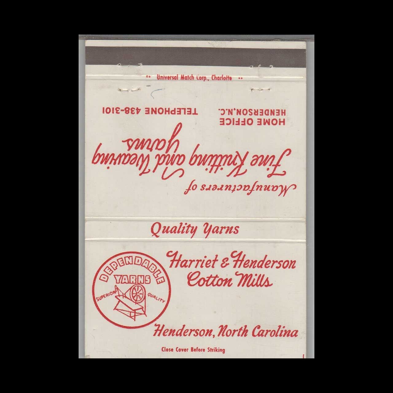 Harriet &amp; Henderson Cotton Mills Henderson NC #1 Vintage Matchbook Advertising Cover