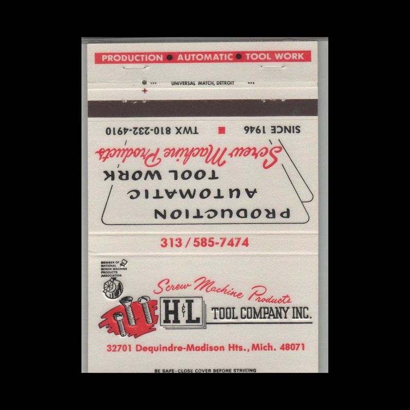 H&amp;L Tool Company Inc Dequindre-Madison Heights MI Vintage Matchbook Advertising Cover
