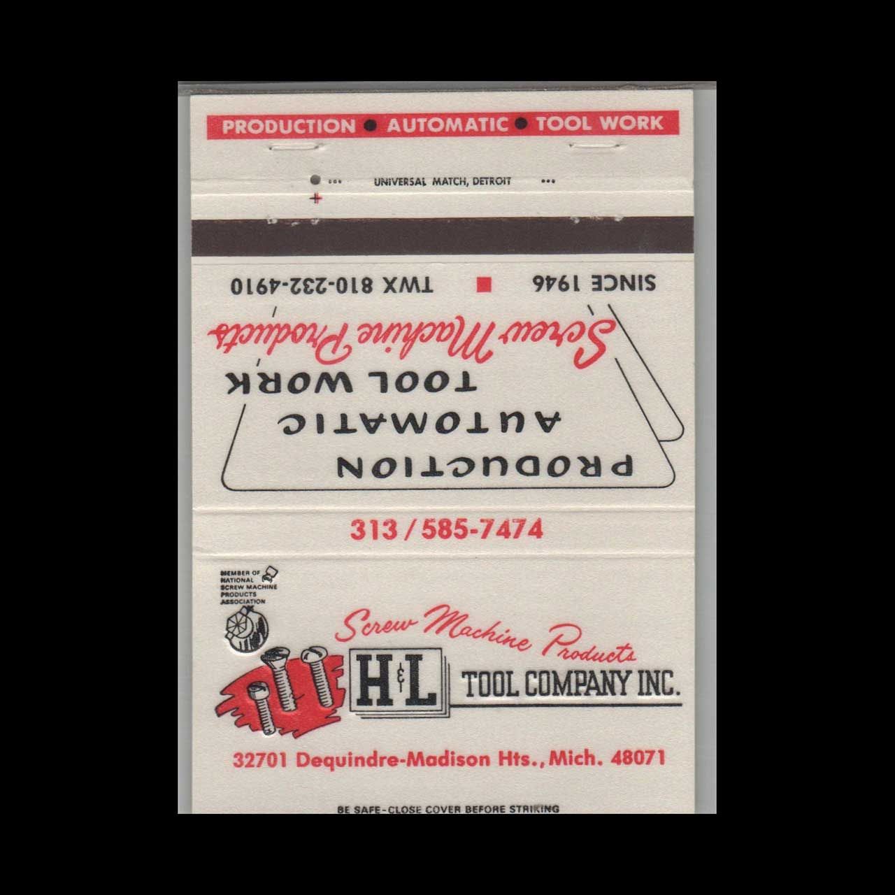 H&amp;L Tool Company Inc Dequindre-Madison Heights MI Vintage Matchbook Advertising Cover