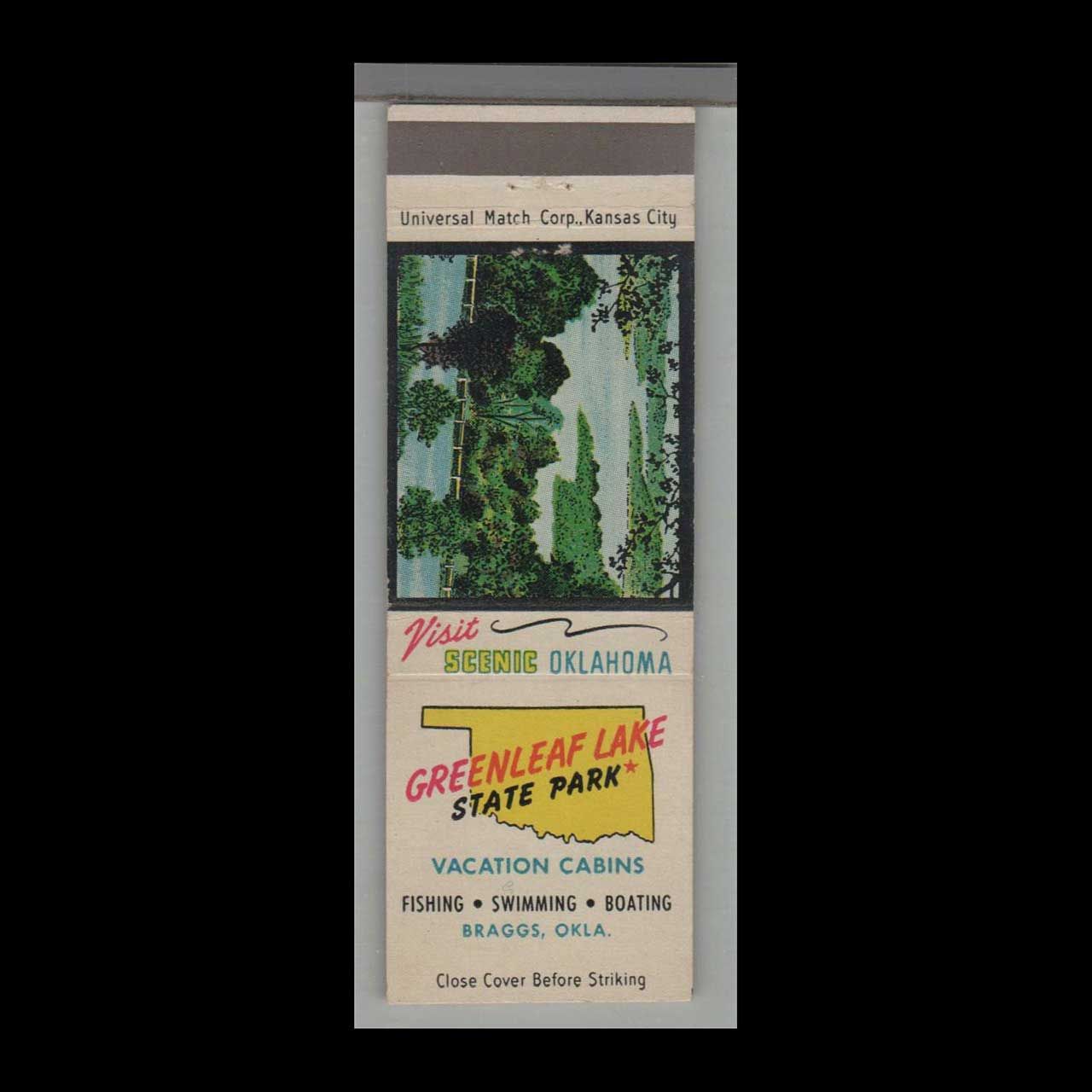 Oklahoma State Park - Greenleaf Lake State Park Braggs Vintage Matchbook Advertising Cover