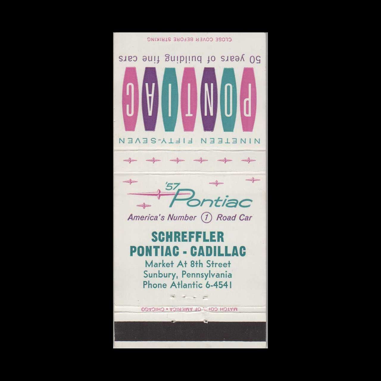 1957 Pontiac Dealer Schreffler Pontiac Sunbury, PA Vintage Matchbook Advertising Cover