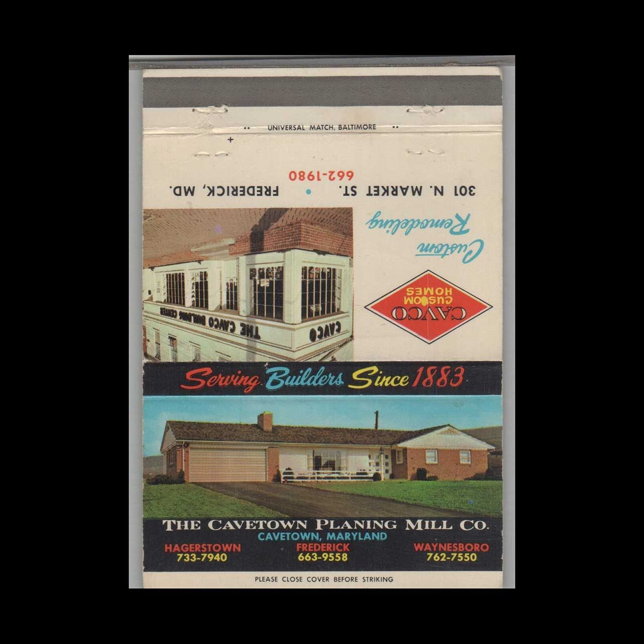 Cavetown Planing Mill Cavetown MD Vintage Matchbook Advertising Cover