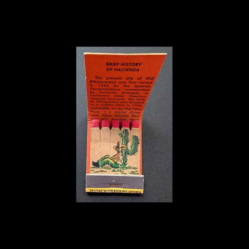 Feature Matchbook Full Book Hacienda Dining Rooms Old Alburquerque, NM Vintage Matchbook Advertising Cover