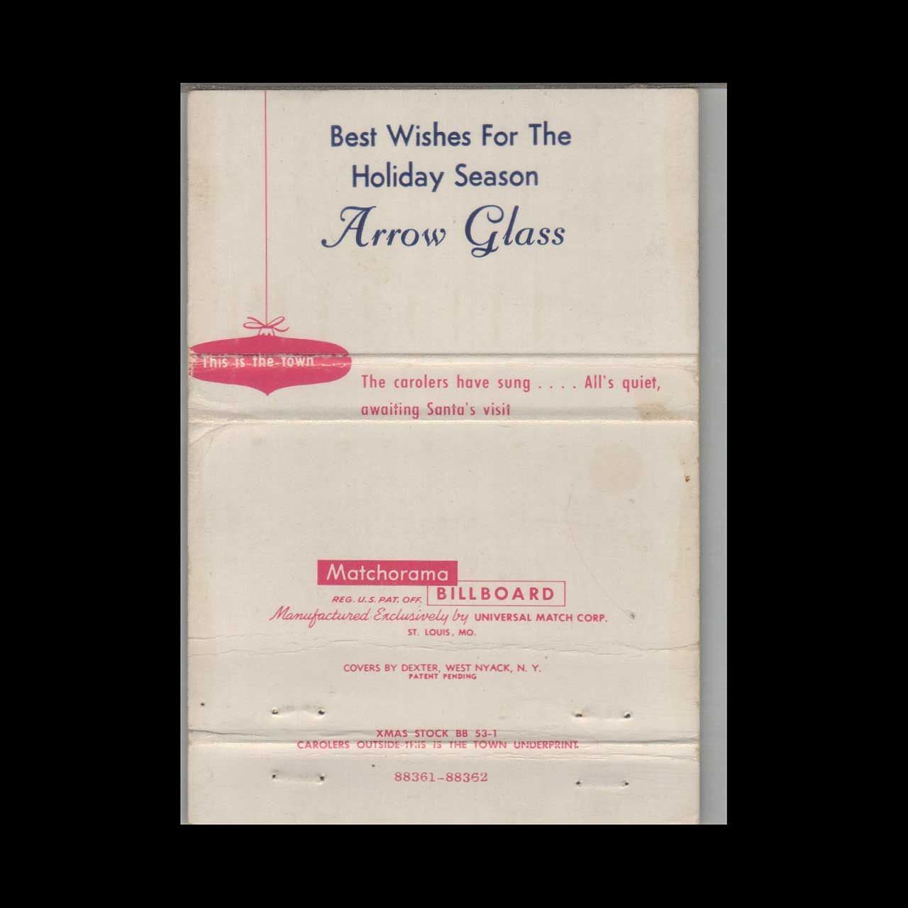 Arrow Glass Best Wishes For The Holiday Season Vintage Matchbook Advertising Cover