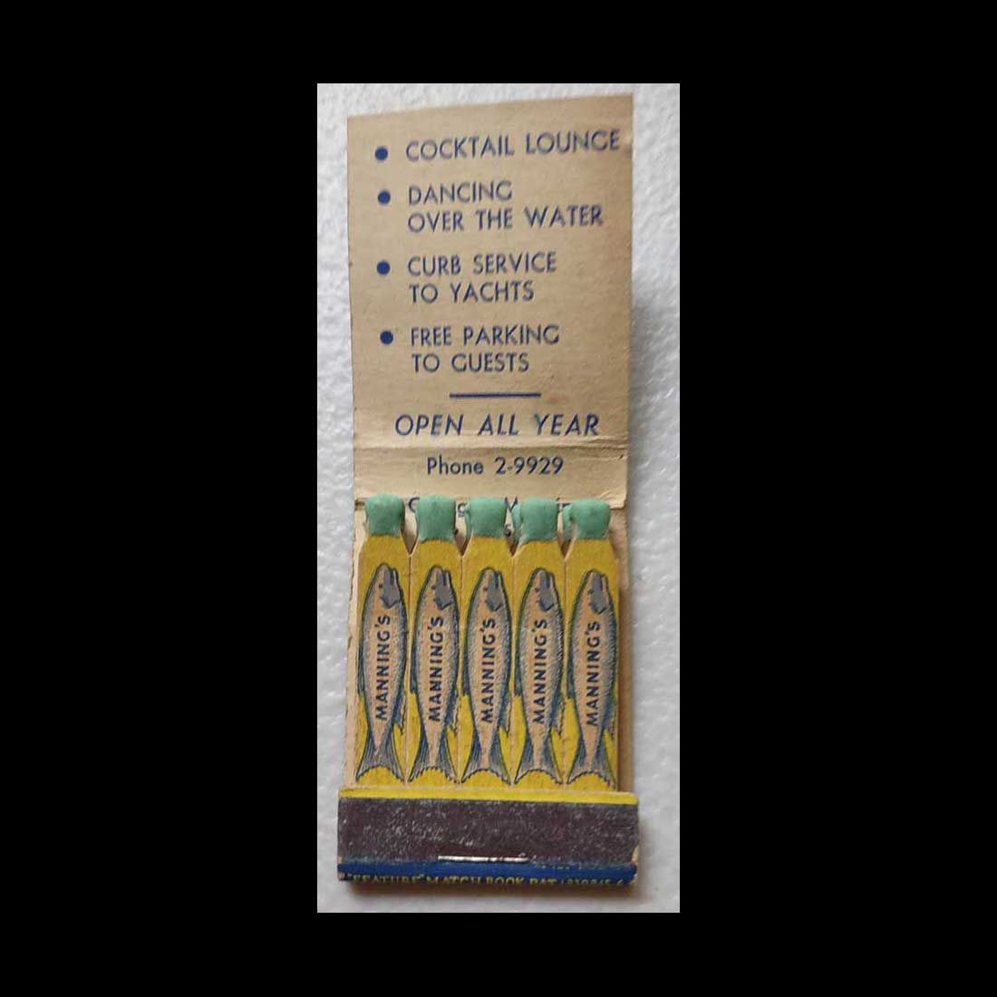 Full Vintage Feature Matchbook Manning&#39;s Sea Food Grill Miami, FL Vintage Matchbook Advertising Cover