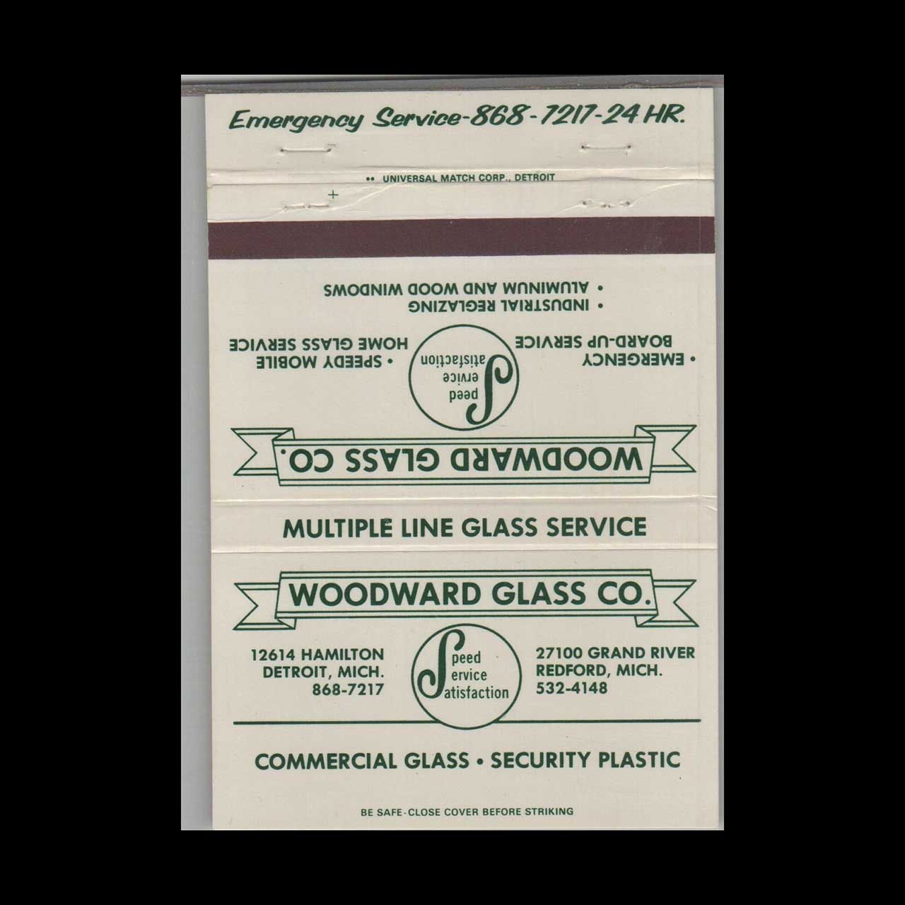 Woodward Glass Co Detroit MI Emergency Service Vintage Matchbook Advertising Cover