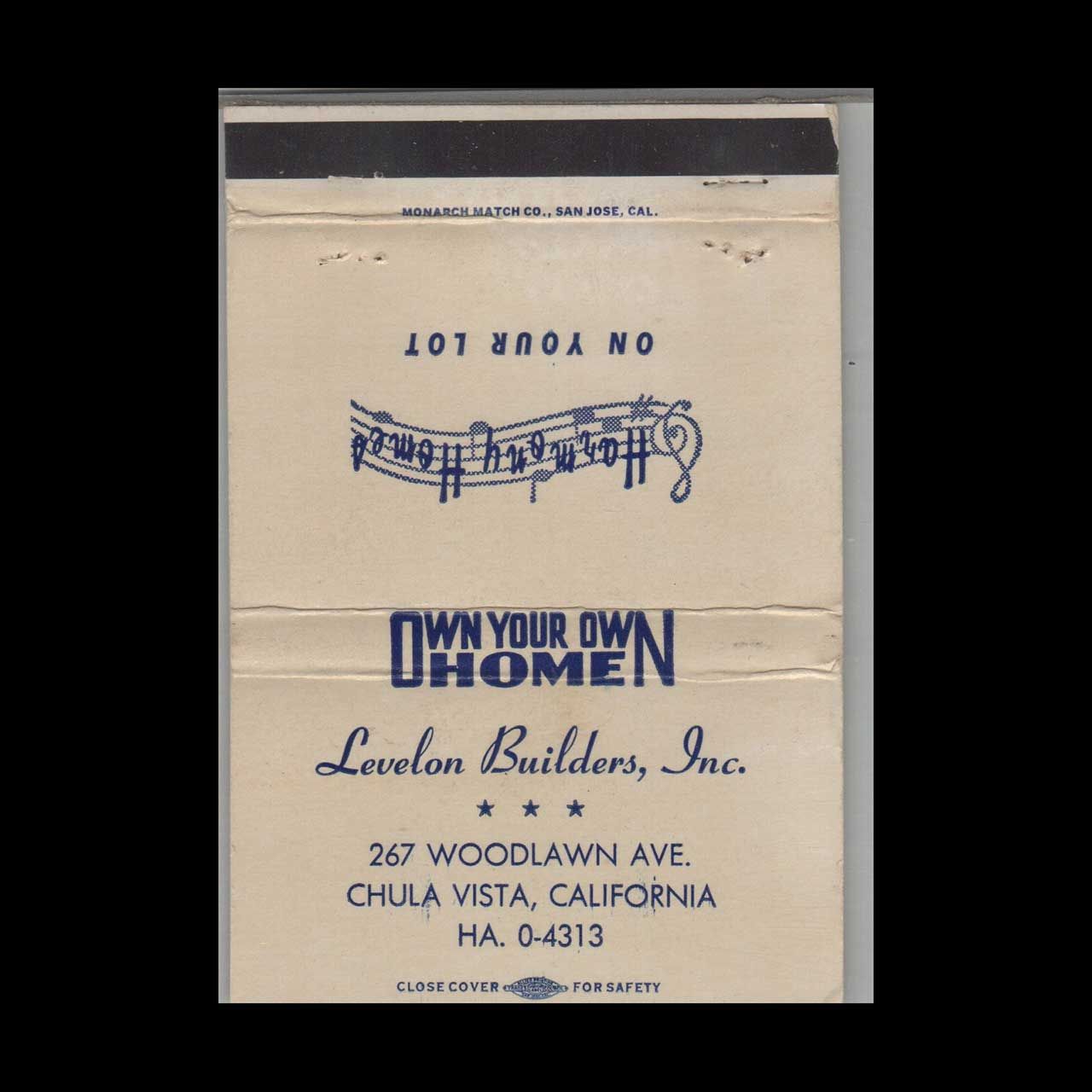 Levelon Builders Inc Chula Vista CA Vintage Matchbook Advertising Cover