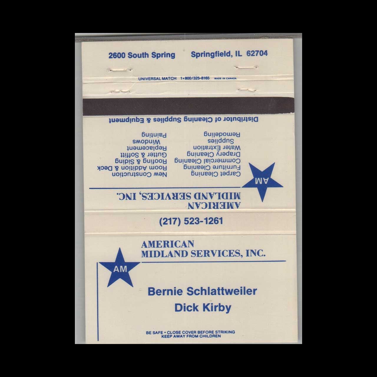 American Midland Services Inc Springfield IL Vintage Matchbook Advertising Cover