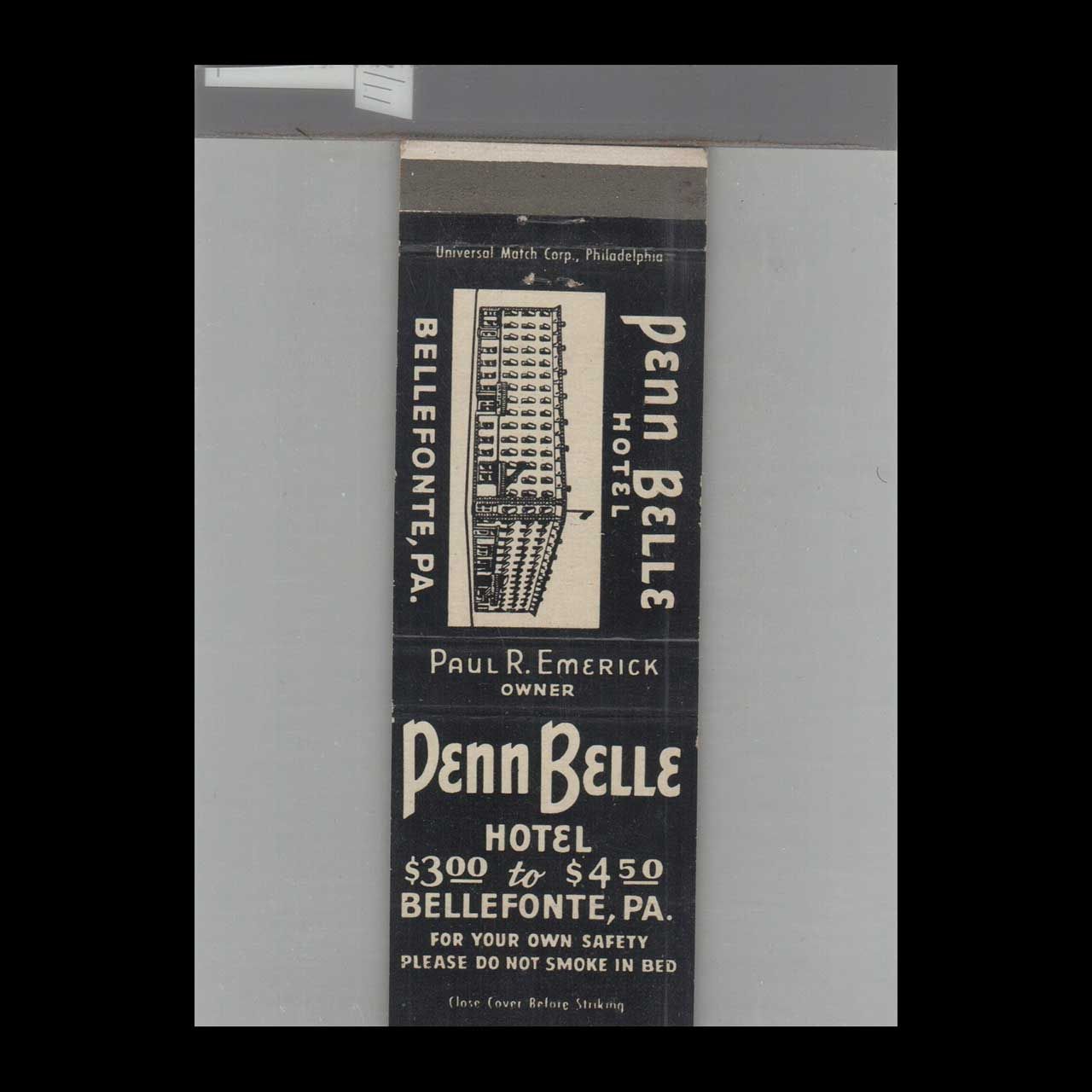 Penn Belle Hotel Bellefonte, PA Vintage Matchbook Advertising Cover
