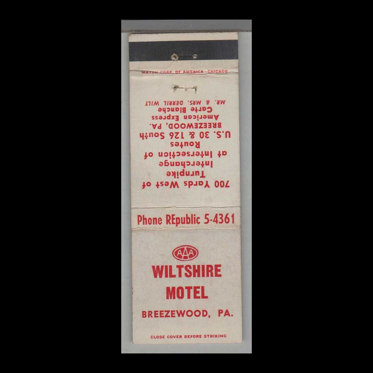 Wiltshire Motel Breezewood, PA Vintage Matchbook Advertising Cover
