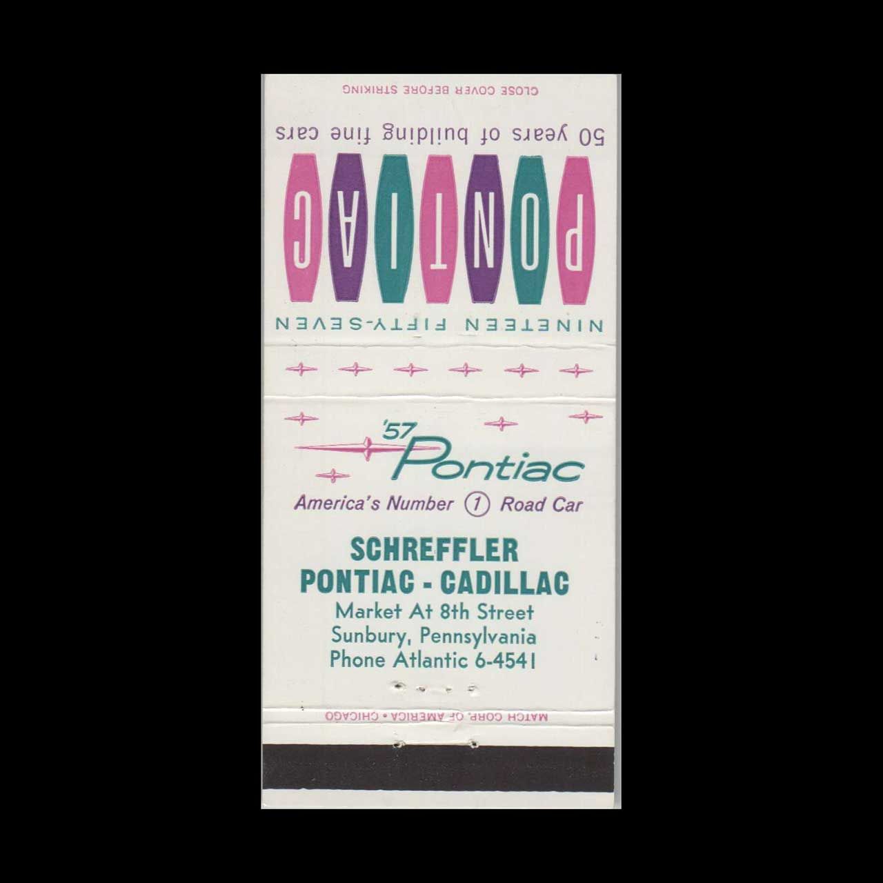 1957 Pontiac Dealer Schreffler Pontiac Sunbury, PA Vintage Matchbook Advertising Cover