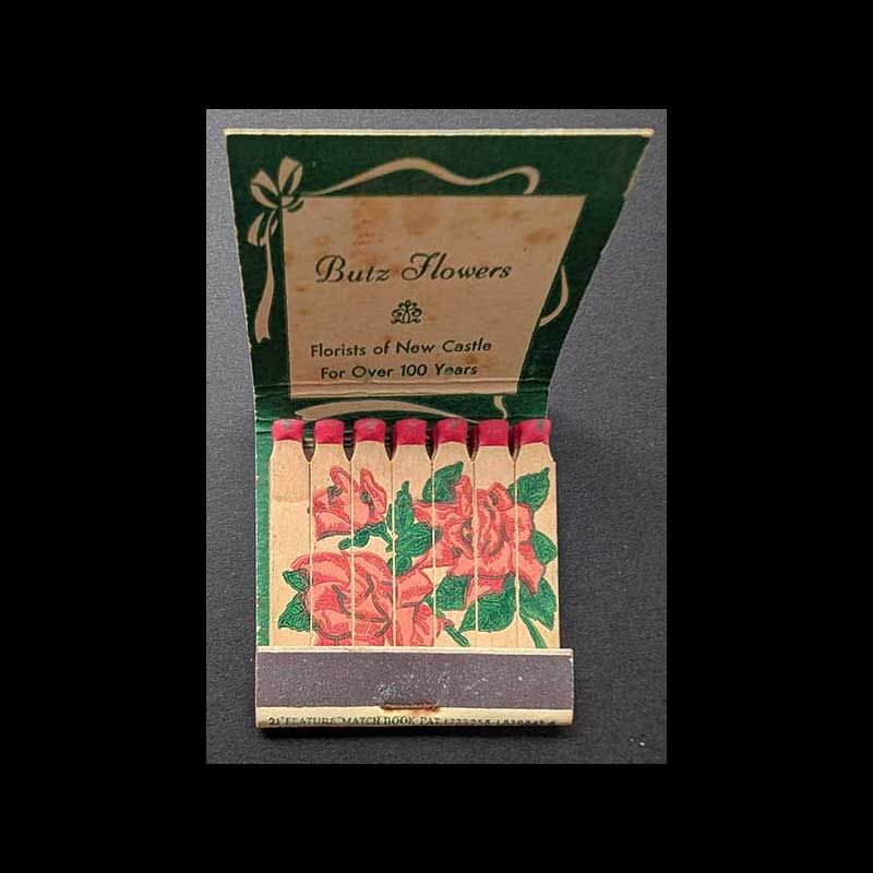 Feature Matchbook Full Book Butz Flowers Florists Of New Castle For 100 Years+ Vintage Matchbook Advertising Cover