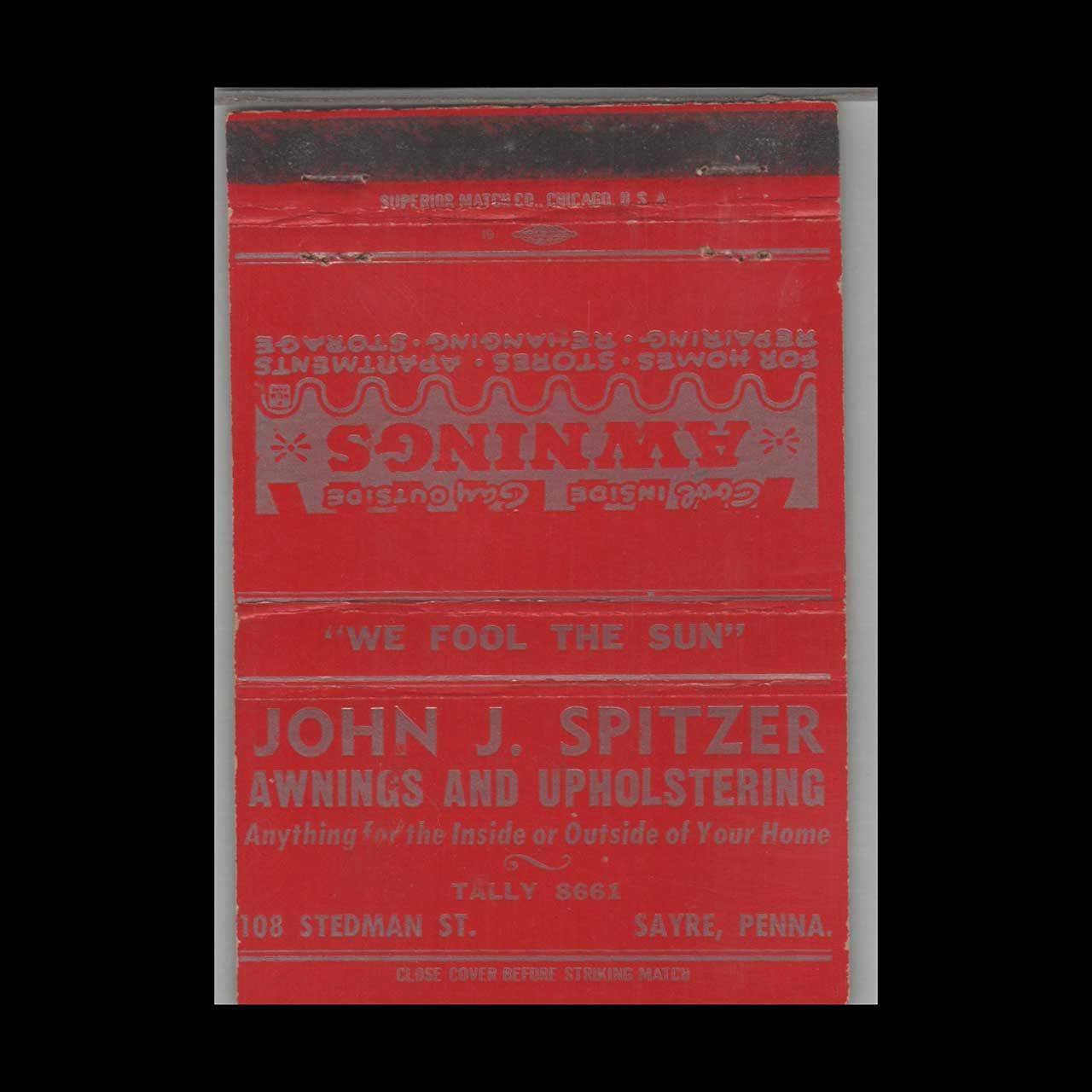 John J. Spitzer Awnings and Upholstering Sayre PA Red Vintage Matchbook Advertising Cover