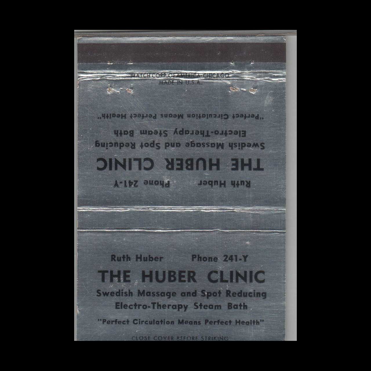 The Huber Clinic Swedish Massage Vintage Matchbook Advertising Cover