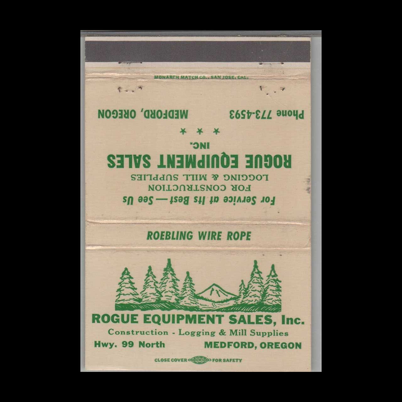Rogue Equipment Sales Medford OR Vintage Matchbook Advertising Cover