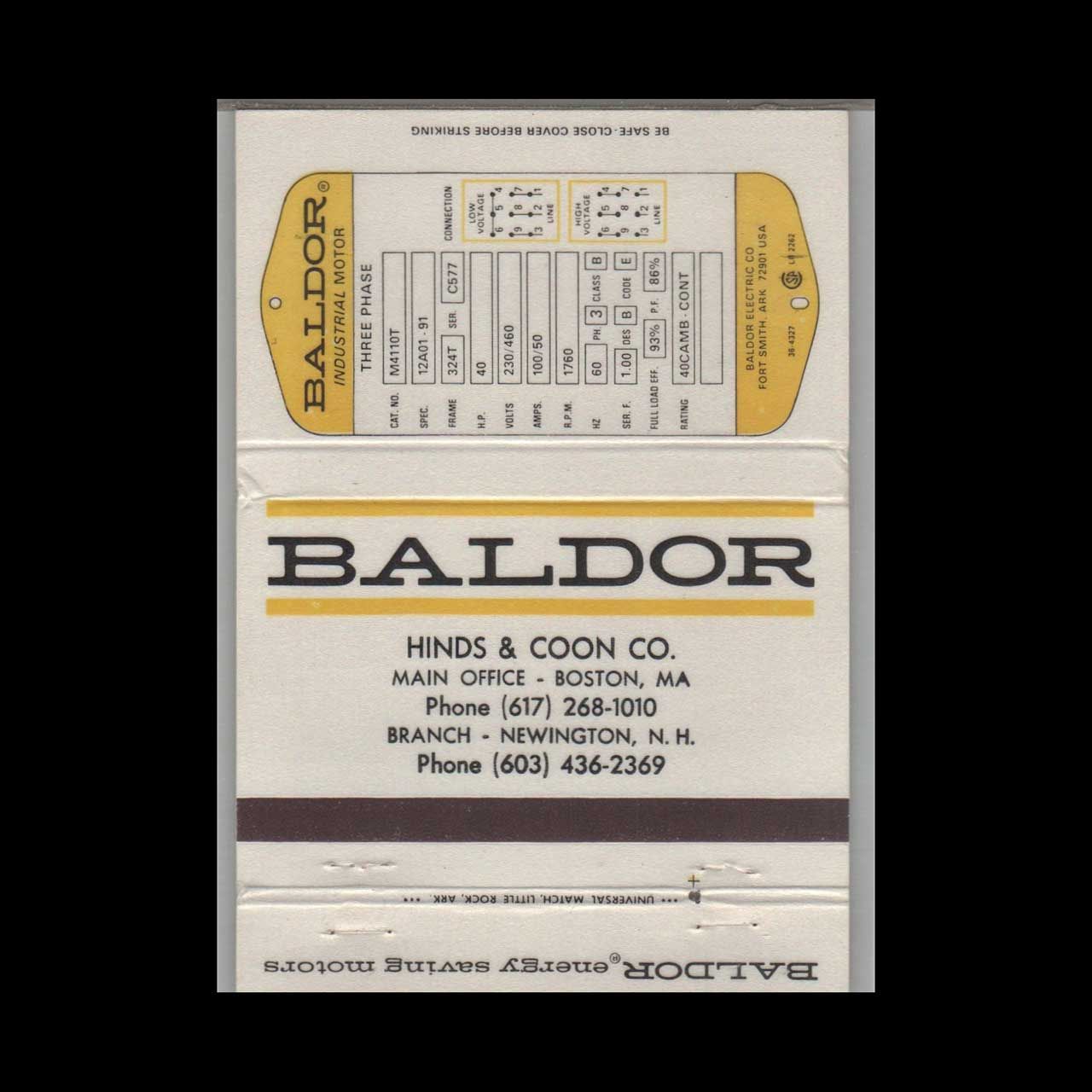 Baldor Hinds &amp; Coon Co Boston MA Vintage Matchbook Advertising Cover