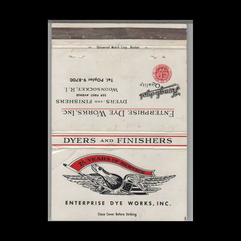 Enterprise Dye Works Inc Woonsocket RI Vintage Matchbook Advertising Cover