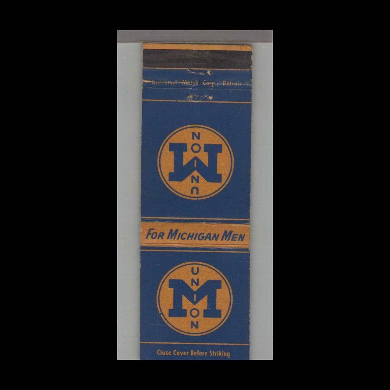 College - University- University of Michigan Union For Men Vintage Matchbook Advertising Cover